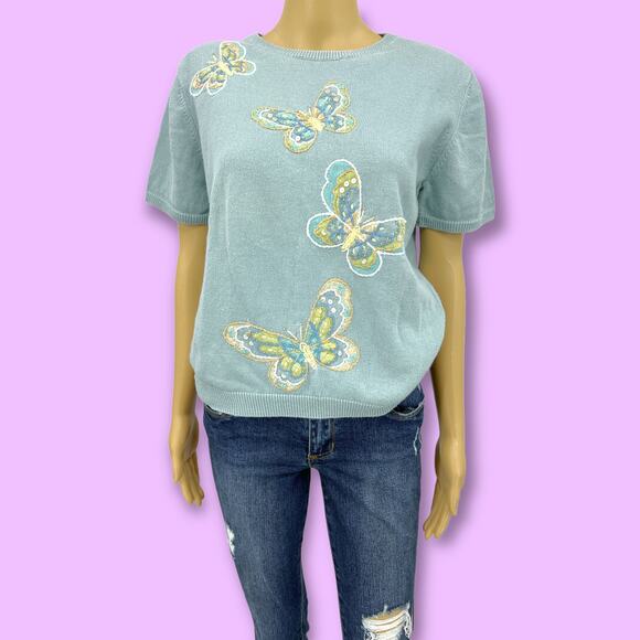 American VINTAGE SMALL 80's Butterfly Embroidered Knit Sweater Short Sleeve - Picture 1 of 9